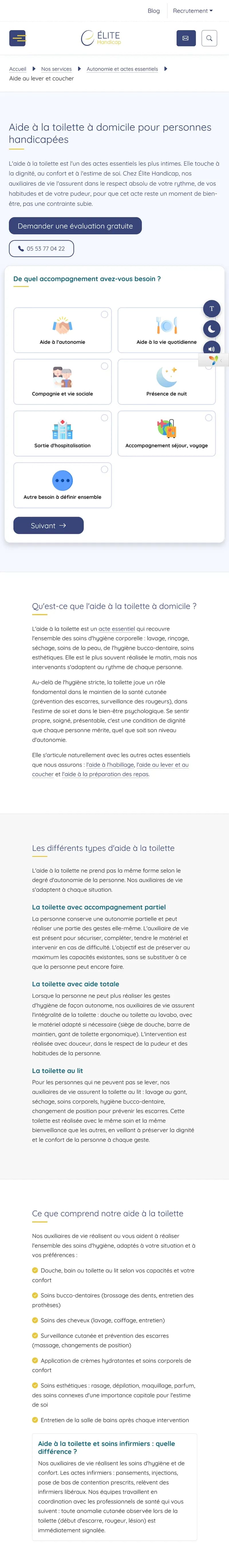 Site Elite Handicap sur mobile, page aide à la toilette