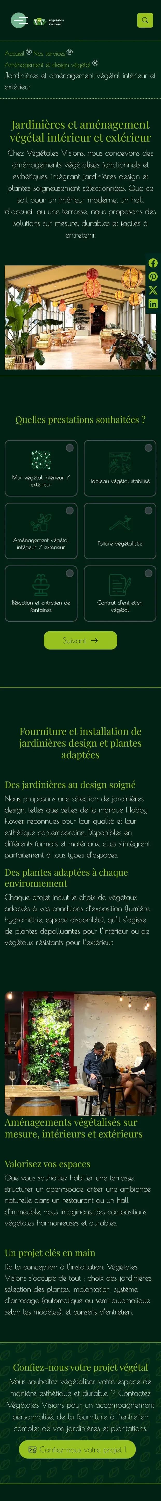 Page jardinières en version mobile, thème sombre